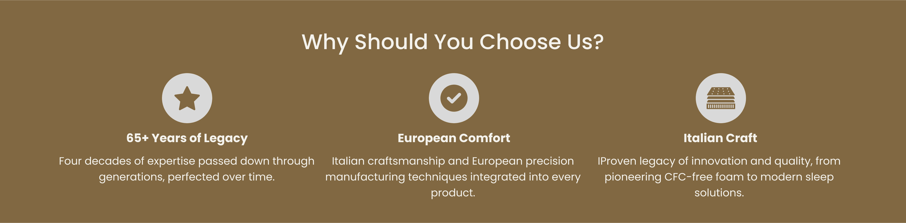 Why Should You Choose Us - 65+ Years of Legacy, European Comfort, Italian Craft